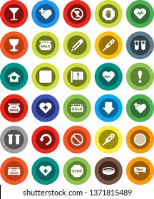 White Solid Icon Set- sieve vector, arrow down, heart pulse, prohibition sign, no alcohol, cross, attention, glass, rec button, thermometer, vial, undo, stop, sale signboard, low price, love home