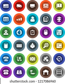 White Solid Icon Set- signpost vector, earth, map pin, attention, satellite, money, phone, 24, support, truck trailer, sea container, delivery, calendar, receipt, wood box, consolidated cargo