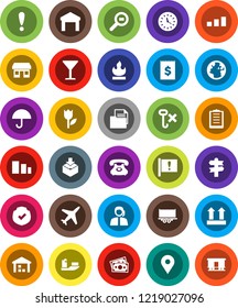 White Solid Icon Set- signpost vector, earth, map pin, attention, office, plane, money, phone, support, ship, truck trailer, clock, receipt, clipboard, document, glass, umbrella, top sign, no hook