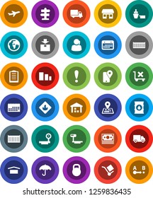 White Solid Icon Set- signpost vector, navigator, earth, attention, office, plane, money, support, traking, sea container, delivery, calendar, port, clipboard, cargo, umbrella, dry, no trolley