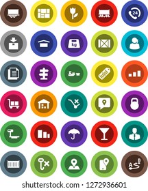 White Solid Icon Set- signpost vector, map pin, Railway carriage, phone 24, support, client, traking, truck trailer, sea container, port, wood box, consolidated cargo, document, glass, umbrella, dry