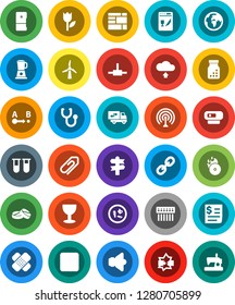 White Solid Icon Set- signpost vector, earth, receipt, consolidated cargo, glass, tulip, route, music hit, antenna, speaker, link, stop button, vial, patch, stethoscope, pills, bottle, microbs, hub