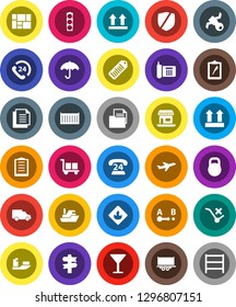 White Solid Icon Set- signpost vector, office, plane, satellite, traffic light, phone, 24, ship, truck trailer, sea container, car, consolidated cargo, clipboard, document, glass, umbrella, top sign