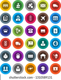 White Solid Icon Set- signpost vector, earth, Railway carriage, attention, plane, satellite, traffic light, phone, support, client, sea container, delivery, car, calendar, receipt, wood box, cargo