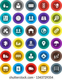White Solid Icon Set- signpost vector, navigator, earth, map pin, office, satellite, traffic light, client, ship, sea container, delivery, clock, receipt, port, consolidated cargo, umbrella, package