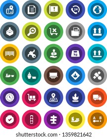 White Solid Icon Set- signpost vector, navigator, earth, attention, satellite, traffic light, phone 24, client, ship, truck trailer, delivery, clock, port, document, cargo, top sign, no trolley