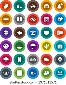 White Solid Icon Set- signpost vector, phone 24, car, port, umbrella, warehouse, video camera, mobile, speaking man, group, backward button, hdmi, heart pulse, vial, gender sign, amkbulance, arrow