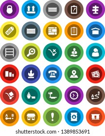 White Solid Icon Set- signpost vector, map pin, attention, office, money, phone 24, support, client, sea container, clock, port, consolidated cargo, clipboard, dry, top sign, no trolley, sorting