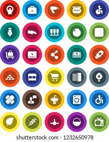 White Solid Icon Set- sink vector, camping cauldron, cook glove, pen, case, leaf, cart, gold ingot, fitball, molecule, speaking man, notebook pc, backward button, disabled, syringe, patch, connect