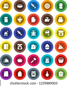 White Solid Icon Set- sink vector, pan, kettle, oil, measuring cup, scales, cook glove, timer, press, rolling pin, meat hammer, cutting board, hand mill, grater, toaster, oven, blender, sieve, dish