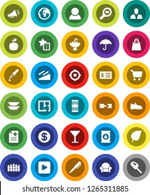 White Solid Icon Set- sink vector, plates, pasta, apple fruit, pen, leaf, cart, receipt, target, snickers, stairways run, earth, glass, umbrella, oil barrel, cargo search, play button, dropper, plan