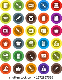 White Solid Icon Set- sink vector, water tap, pan, colander, measuring cup, scales, cook hat, apron, skimmer, ladle, knife, cutting board, grater, microwave oven, double boiler, spices, blender, jar