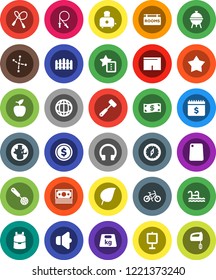 White Solid Icon Set- skimmer vector, meat hammer, cutting board, toaster, bbq, backpack, apple fruit, compass, presentation, world, leaf, constellation, dollar coin, calendar, bike, jump rope, pool