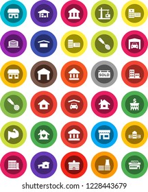 White Solid Icon Set- skimmer vector, university, school building, bank, muscule hand, office, dry cargo, warehouse, hospital, house, cottage, garage, barn, sold signboard, apartments, love home