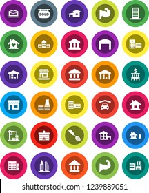 White Solid Icon Set- skimmer vector, university, school building, bank, muscule hand, office, warehouse, hospital, house, cottage, chalet, garage, barn, sold signboard, apartments, love home, store