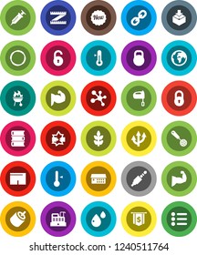 White Solid Icon Set- skimmer vector, mixer, thermometer, bbq, book, dollar flag, measuring, muscule hand, shorts, molecule, cereals, hoop, earth, package, weight, link, rca, jack, syringe, lock