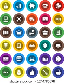 White Solid Icon Set- skimmer vector, student, notebook pc, alarm clock, clipboard, cash, percent growth, case, investment, plane, phone, truck trailer, delivery, port, dry cargo, barcode, network