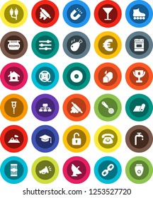 White Solid Icon Set- skimmer vector, rolling pin, oven, pasta, chicken leg, graduate hat, award cup, magnet, hierarchy, euro sign, roller Skates, fitness mat, glass, satellite antenna, film spool