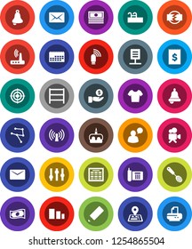 White Solid Icon Set- skimmer vector, cake, pencil, bell, schedule, cash, investment, t shirt, target, navigator, phone, calendar, receipt, sorting, shelving, settings, video camera, speaking man