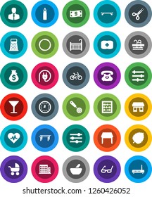 White Solid Icon Set- skimmer vector, grater, glasses, abacus, leaf, money bag, clock, bike, horizontal bar, punching, skateboard, pool, first aid kit, hoop, office, phone, client, glass, scissors