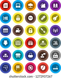 White Solid Icon Set- skimmer vector, spices, pencil, notebook pc, schedule, document, graph, arrow down, dollar flag, hierarchy, stadium, calendar, pool, no fastfood, protected, speaking man, cloud