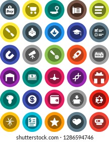 White Solid Icon Set- skimmer vector, spatula, mushroom, graduate hat, telescope, magnet, exam, wallet, receipt, package, flammable, big scales, favorites, heart, dna, connect, disconnection, menu