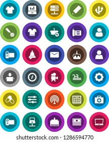 White Solid Icon Set- skimmer vector, cake, pencil, bell, schedule, compass, laptop graph, cash, t shirt, pills, first aid kit, phone, support, antenna, video camera, notebook network, server, gear