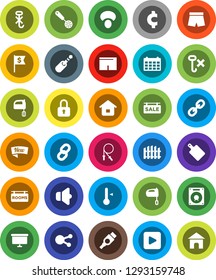 White Solid Icon Set- skimmer vector, cutting board, mixer, thermometer, mushroom, presentation, dollar flag, calendar, cent sign, jump rope, shorts, no hook, speaker, social media, link, hdmi, jack