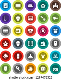 White Solid Icon Set- skimmer vector, dry cargo, sold signboard, key, love home, fridge, power plug, iron, dishwasher, siren, coffee maker, meat grinder, hood, epilator, vacuum cleaner, speaker, tv