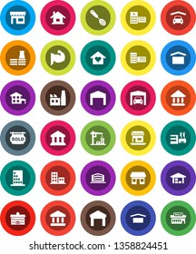 White Solid Icon Set- skimmer vector, university, school building, bank, muscule hand, office, dry cargo, warehouse, hospital, house, cottage, garage, barn, sold signboard, apartments, love home