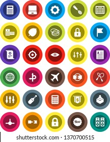 White Solid Icon Set- skimmer vector, calculator, schedule, certificate, personal information, flag, leaf, target, dollar, jump rope, hoop, route, plane, package, settings, notebook pc, jack, eye