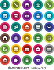 White Solid Icon Set- skimmer vector, university, school building, bank, office, dry cargo, warehouse, cottage, garage, barn, sold signboard, apartments, love home, construction crane, store, mall