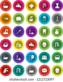 White Solid Icon Set- soap vector, water tap, fetlock, mop, sponge, car, bath, toilet brush, liquid, paper, shower, sink, tooth, epilator