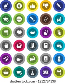 White Solid Icon Set- soap vector, cleaner trolley, foam basin, rubber glove, hand mill, mixer, blender, chicken leg, trainer, muscule, boxing, touchscreen, finger up, down, crutches, bandage, stop