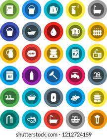White Solid Icon Set- soap vector, scraper, bucket, water drop, tap, bath, foam basin, sprayer, shower, closet, sink, kettle, jug, enegry drink, bottle, pool, pond, heating, dishwasher, filter
