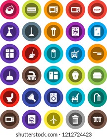 White Solid Icon Set- soap vector, plunger, scraper, cleaner trolley, fetlock, mop, scoop, sponge, trash bin, window cleaning, welcome mat, toilet, washer, shining, paper, shower, microwave oven