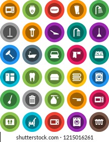 White Solid Icon Set- soap vector, plunger, scraper, cleaner trolley, broom, fetlock, mop, scoop, sponge, towel, trash bin, window cleaning, welcome mat, bath, drying clothes, washer, liquid, shower