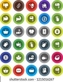 White Solid Icon Set- soap vector, foam basin, rubber glove, mixer, chicken leg, dollar coin, investment, muscule hand, boxing, cargo, touchscreen, finger down, crutches, medical room, stop, basket