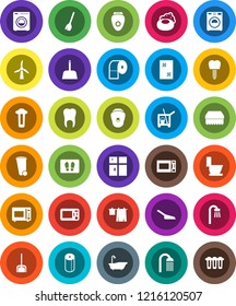 White Solid Icon Set- soap vector, cleaner trolley, broom, scoop, sponge, trash bin, window cleaning, welcome mat, bath, toilet, drying clothes, washer, shining, paper, shower, microwave oven, tooth