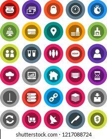 White Solid Icon Set- soap vector, mop, plates, water closet, cook timer, knife, laptop graph, clock, man, weight, map pin, cargo, package, satellite antenna, link, vial, sand, hospital building