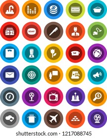 White Solid Icon Set- soap vector, vacuum cleaner, welcome mat, foam basin, water tap, spices, pasta, blackboard, pen, compass, money search, gold ingot, scales, stadium, target, plane, tulip, mail