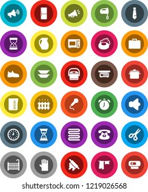 White Solid Icon Set- soap vector, drying clothes, rubber glove, pan, measuring cup, towel, rolling pin, mixer, microwave oven, plates, jug, alarm clock, scissors, case, sand, tie, snickers, speaker