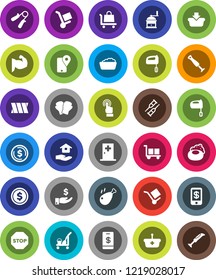 White Solid Icon Set- soap vector, cleaner trolley, foam basin, house hold, hand mill, mixer, chicken leg, dollar coin, investment, trainer, muscule, boxing glove, traking, cargo, touchscreen, stop
