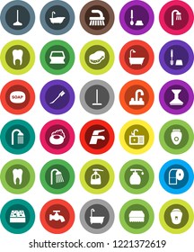 White Solid Icon Set- soap vector, water tap, fetlock, mop, sponge, car, bath, toilet brush, liquid, paper, shower, sink, tooth, epilator