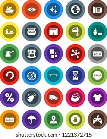White Solid Icon Set- soap vector, shining, turk coffee, mixer, chicken leg, world, dollar coin, sand clock, shorts, t shirt, skateboard, molecule, map pin, ship, car, port, umbrella, eye, undo