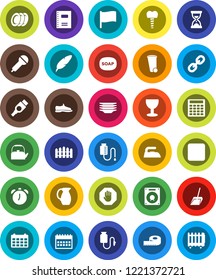 White Solid Icon Set- soap vector, scoop, trash bin, iron, plates, kettle, jug, copybook, pen, alarm clock, flag, calculator, sand, calendar, measuring, snickers, glass, microphone, link, rec button