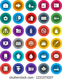 White Solid Icon Set- soap vector, towel, water drop, foam basin, toilet paper, cereal, case, dollar growth, arrow up, safe, no smoking, heart monitor, phone, ship, sea container, port, antenna