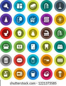 White Solid Icon Set- soap vector, scraper, cleaner trolley, fetlock, mop, bucket, sponge, towel, trash bin, window cleaning, welcome mat, toilet, liquid, paper, shower, microwave oven, tooth