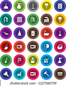 White Solid Icon Set- soap vector, plunger, scraper, cleaner trolley, broom, fetlock, mop, scoop, trash bin, washer, liquid, toilet paper, shower, towel, microwave oven, tooth implant, bath