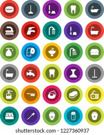 White Solid Icon Set- soap vector, water tap, fetlock, mop, sponge, car, bath, toilet brush, liquid, paper, shower, sink, tooth, epilator